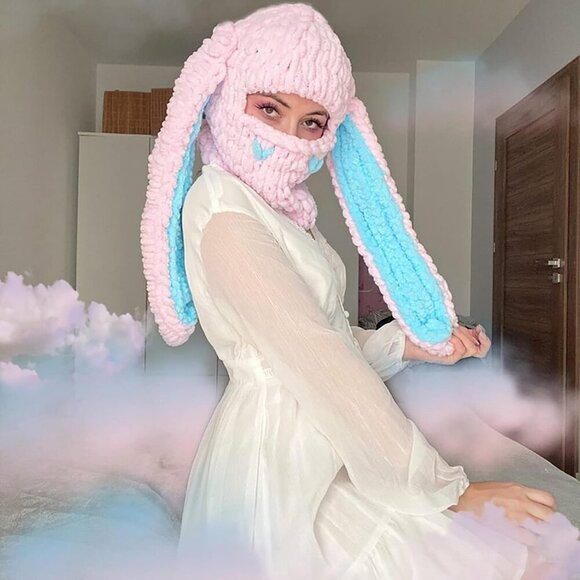 Women\'s Pink Bunny Hat Knit Plush Long Ears Fluffy Cosplay Party Hat main image 4
